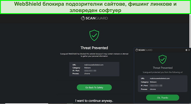 Екранна снимка на функцията WebShield на Scanguard, блокираща достъпа до уебсайт за тестване на зловреден софтуер.