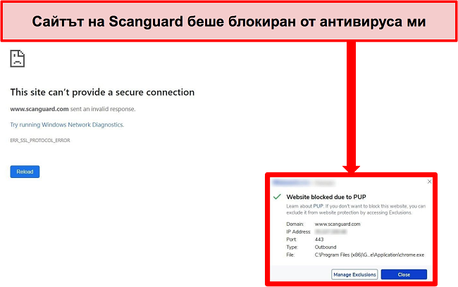 Екранна снимка на антивирус, блокиращ уебсайта на Scanguard поради PUP.