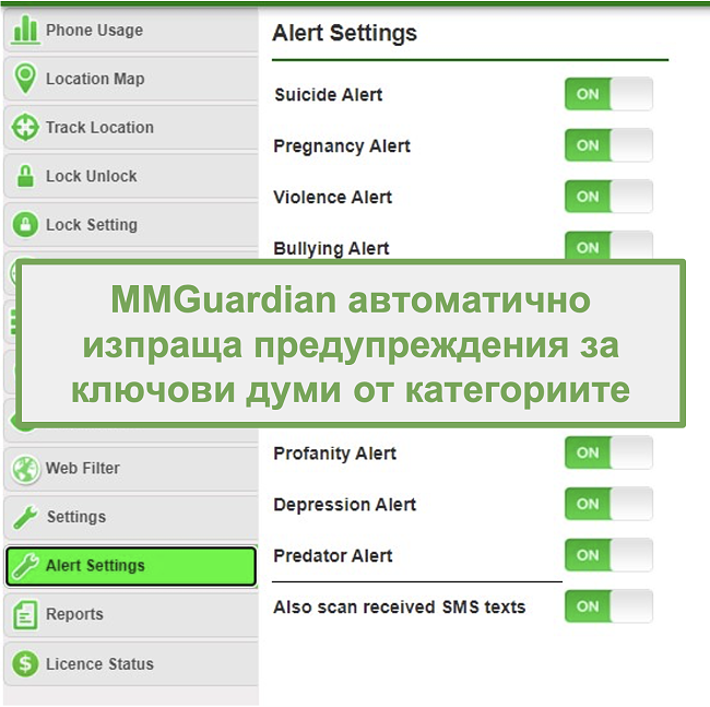Екранна снимка на MMGuardian автоматично изпращане на предупреждения за ключови думи, базирани на категория