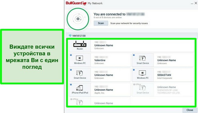 Екранна снимка на мрежовия скенер на BullGuard и устройства, свързани активно към мрежа.