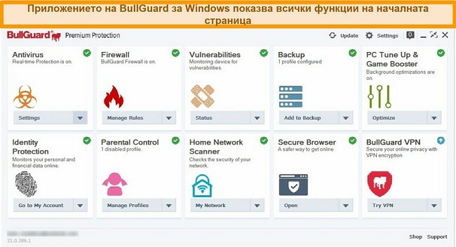 Екранна снимка на основния интерфейс на BullGuard, както се появява в Windows.