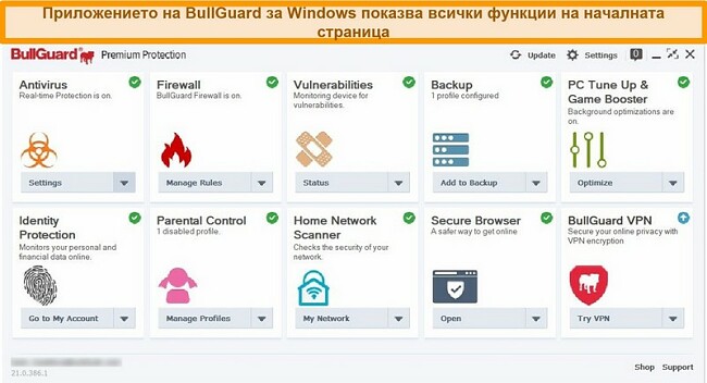 Екранна снимка на основния интерфейс на BullGuard, както се появява в Windows.