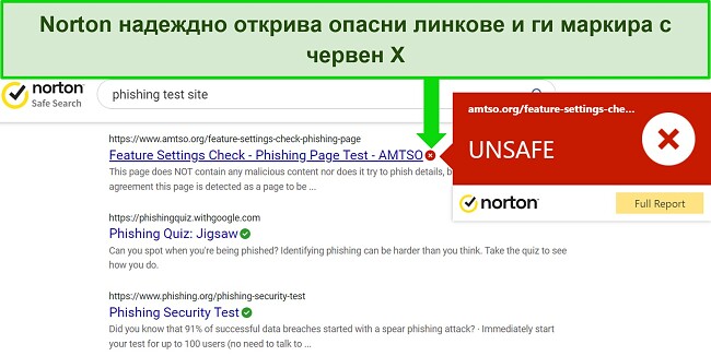 Екранна снимка на разширението за браузър Safe Search на Norton, което открива точно безопасни и небезопасни URL адреси