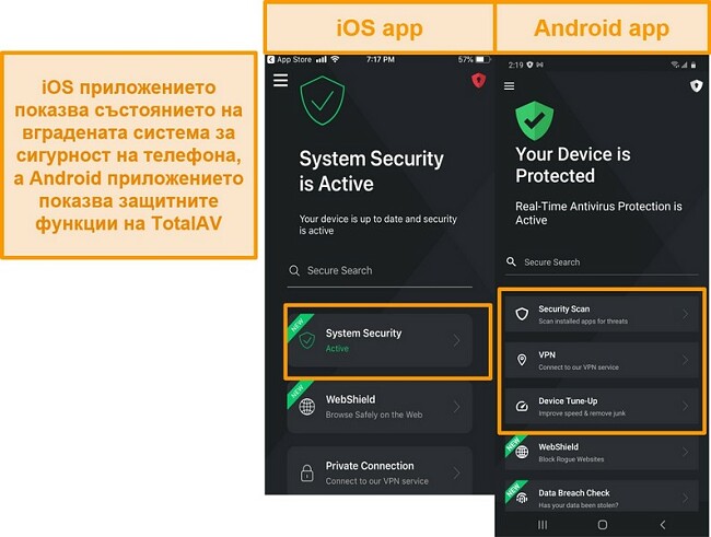 Снимка на екрана, показваща разликата между приложенията за iOS и Android TotalAV