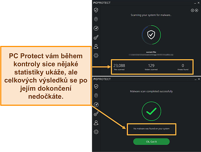 Snímek obrazovky aplikace PC Protect provádějící skenování malwaru, která zobrazuje statistiky pouze při skenování. Po dokončení výsledky zmizí.