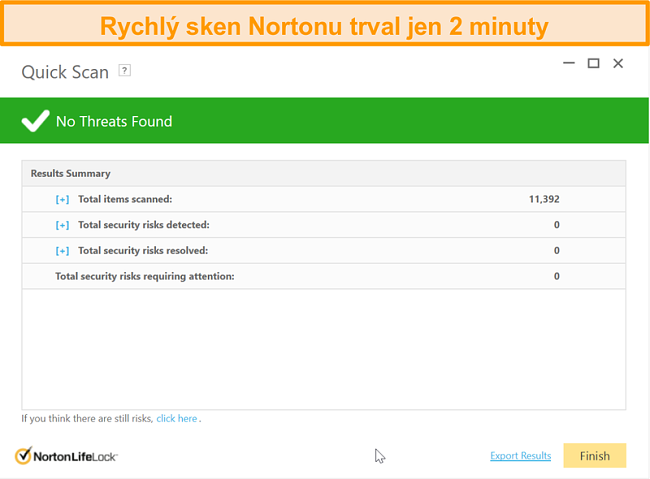 Screenshot výsledku rychlého skenování Norton 360