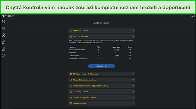 Screenshot aplikace PC Protect po spuštění Smart Scan, který vám poskytne seznam všech nalezených hrozeb nebo doporučení.