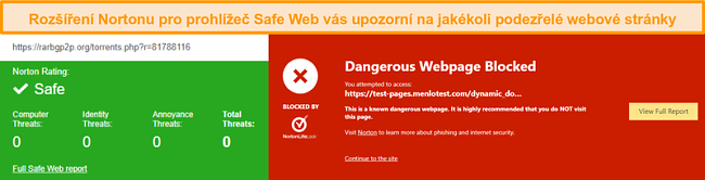 Screenshot z Norton Safe Web potvrzující, že je web bezpečný nebo nebezpečný.