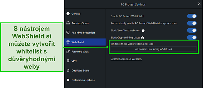 Screenshot z nastavení WebShield PC Protect, které vám pomohou chránit vás online.