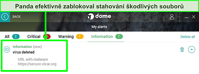 Snímek obrazovky sekce „Moje upozornění“ společnosti Panda se zvýrazněným informačním upozorněním.