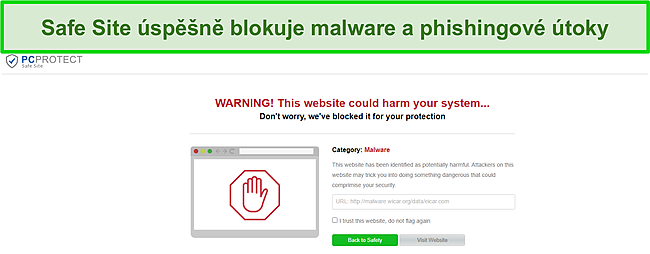 Snímek obrazovky bezpečného webu PC Protect úspěšně blokuje pokus o malware.
