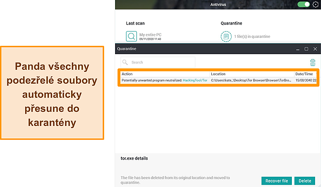 Screenshot funkce Panda's Quarantine se zvýrazněným souborem v karanténě.