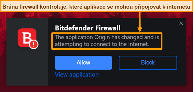Screenshot z oznámení brány firewall Bitdefender.