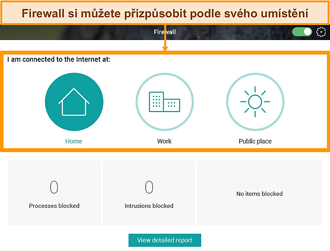 Screenshot funkce Panda's Firewall se zvýrazněnými různými úrovněmi zabezpečení.