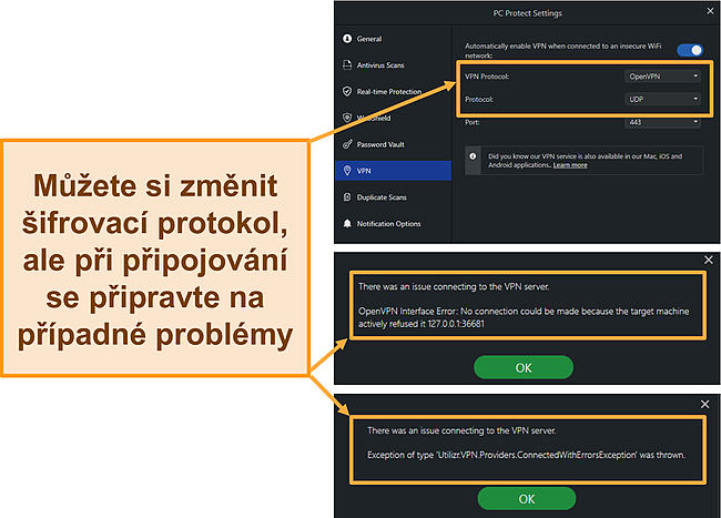 Snímek obrazovky chyb VPN a šifrovacích protokolů pro PC Protect Safe Browsing.