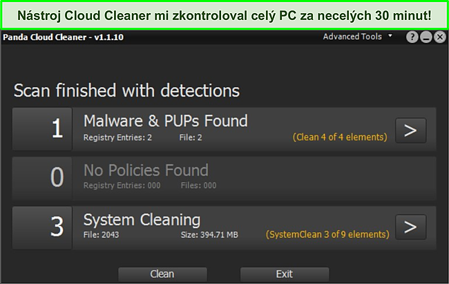 Screenshot funkce Panda's Cloud Cleaner s dokončeným skenováním.