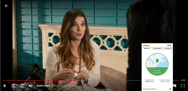 Screenshot z Norton Secure VPN odblokování Netflix USA a streamování Schitt's Creek.