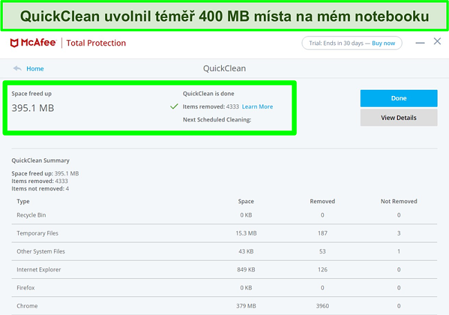 Screenshot funkce McAfee QuickClean ve Windows
