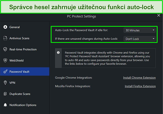 Screenshot nastavení úschovny hesel PC Protect s funkcí automatického zámku.