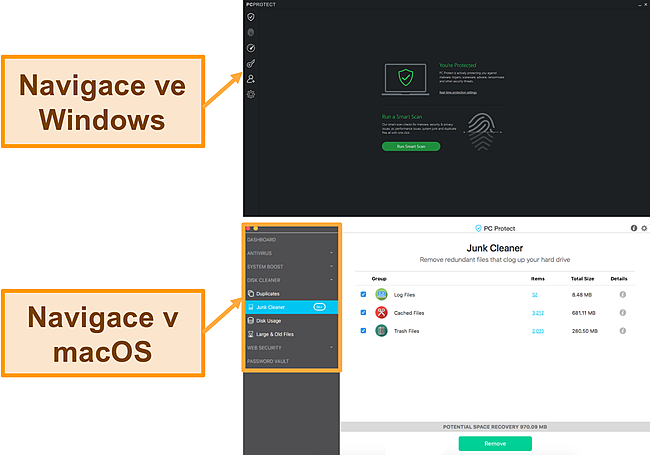 Screenshot z navigační nabídky PC Protect ve Windows a Mac.