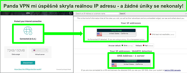 Snímek obrazovky VPN Pandy připojené k americkému serveru a výsledky testu těsnosti IPLeak.net.