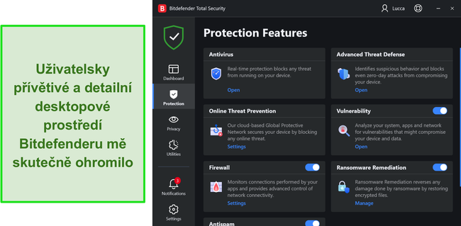 Desktopové rozhraní Bitdefenderu.