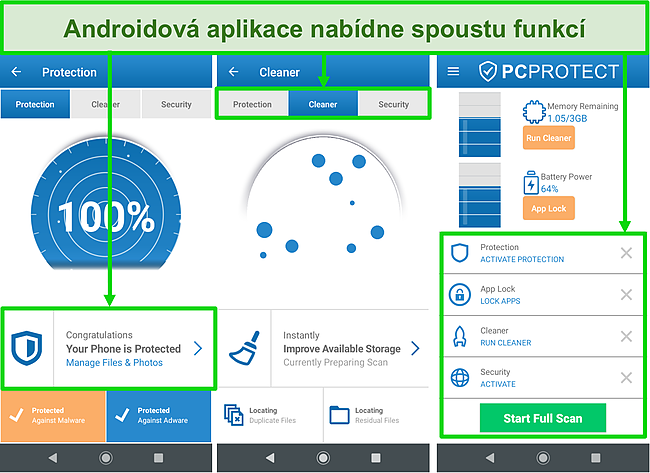 Screenshot aplikace PC Protect pro Android nabízející spoustu funkcí.