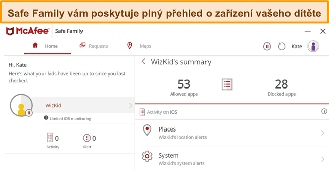 Screenshot funkce rodičovské kontroly McAfee Safe Family propojené s iPhone