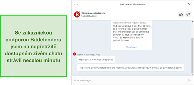 Screenshot živého chatu s agentem podpory Bitdefender.