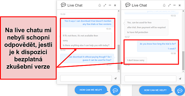 Snímek obrazovky týmu podpory PC Protect, který mi neřekl, zda byla v nabídce bezplatná zkušební verze, a pokud ano, jak dlouho trvala.