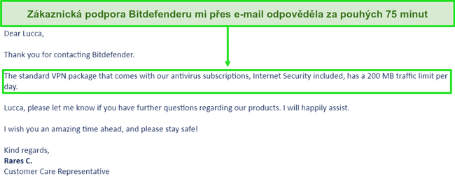 Screenshot z e-mailu podpory od společnosti Bitdefender.