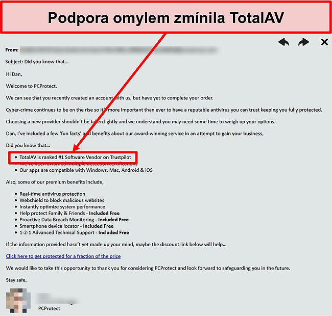 Screenshot týmu podpory PC Protect omylem doporučil Total AV jako volbu číslo 1.