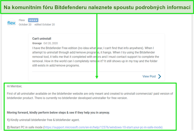 Screenshot vlákna z fóra komunity Bitdefender.