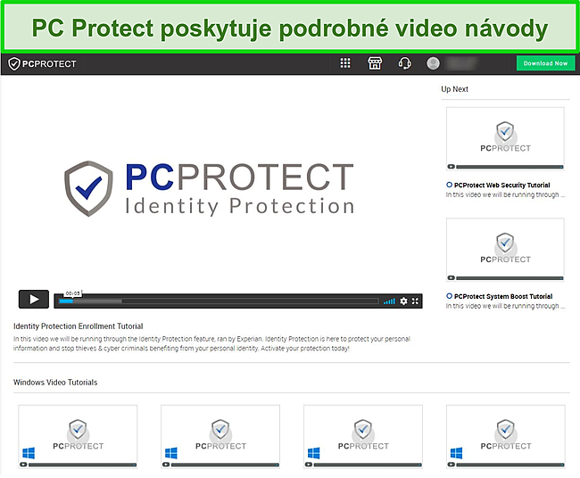Screenshot video tutoriálů PC Protect, ke kterým lze přistupovat prostřednictvím jeho webových stránek.
