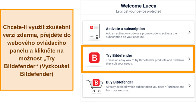 Screenshot, jak spustit zkušební verzi pro Bitdefender z jeho webového panelu Bitdefender Central.