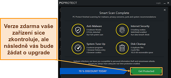 Screenshot z PC Protect bezplatnou verzi spuštěnou skenováním, než vám řekne upgrade.