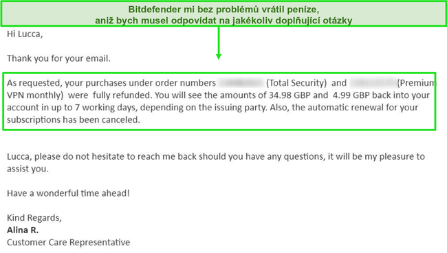 Screenshot z úspěšného e-mailu s žádostí o vrácení peněz od agenta podpory Bitdefender.