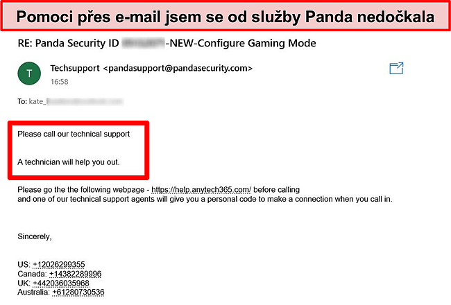 Snímek obrazovky s e -mailem přijatým od technické podpory Pandy.