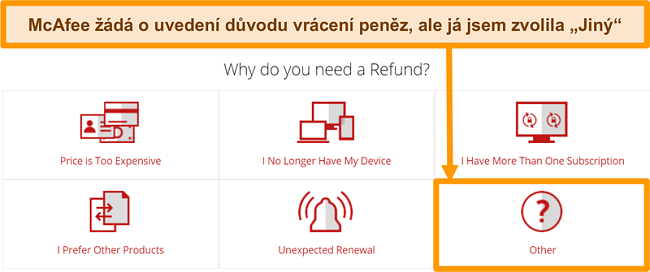 Snímek obrazovky jednoho kroku procesu vrácení peněz společnosti McAfee.