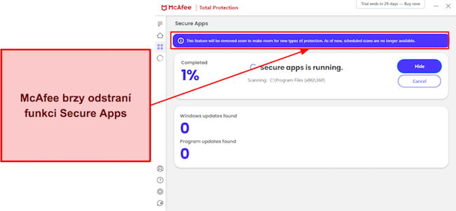 Snímek obrazovky zobrazující McAfee's Secure Apps/Vulnerability Scanner bude brzy odstraněn