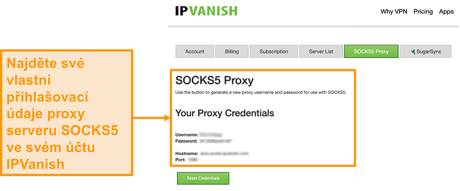 Screenshot z IPVanish je zdarma SOCKS5 proxy server pověření na webových stránkách