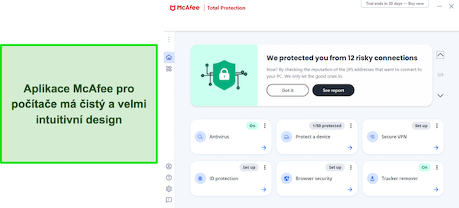 Snímek obrazovky desktopového rozhraní McAfee