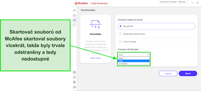 Snímek obrazovky zobrazující různé možnosti skartování dostupné v programu McAfee's File Shredder