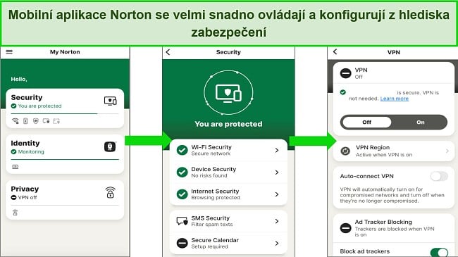 Snímek obrazovky aplikace Norton pro iOS ukazuje, jak čisté a jednoduché je rozhraní, takže se v něm začínající uživatelé snadno orientují.