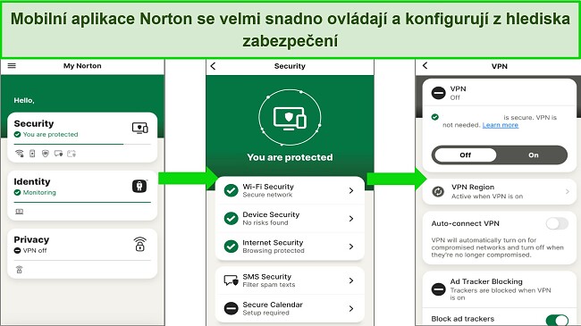 Snímek obrazovky aplikace Norton pro iOS ukazuje, jak čisté a jednoduché je rozhraní, takže se v něm začínající uživatelé snadno orientují.