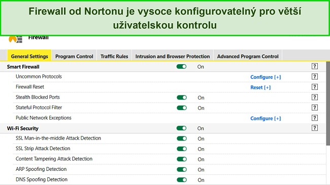 Snímek obrazovky nastavení brány Norton Firewall ukazující vysokou úroveň přizpůsobitelnosti.