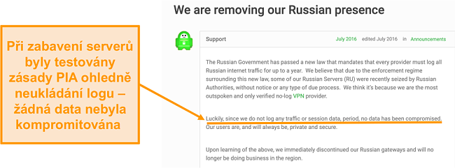 Snímek obrazovky s webovými stránkami private internet access VPN s blogovým příspěvkem popisujícím důvod stažení PIA z Ruska