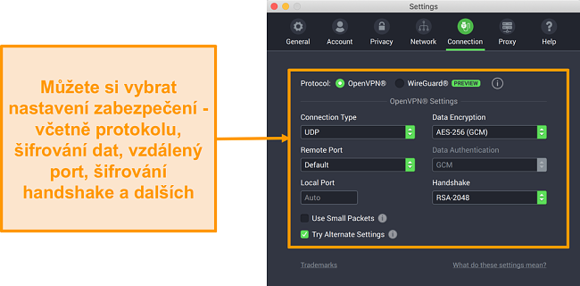 Snímek obrazovky s vpn private internet access a jeho aplikací pro Mac zobrazující možnosti přizpůsobení karty Připojení