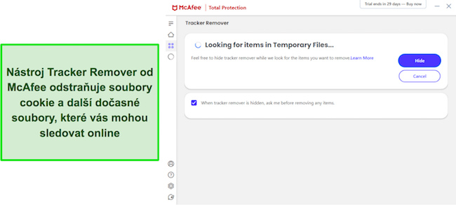 Snímek obrazovky ukazující McAfee's Tracker Remover, který hledá dočasné soubory