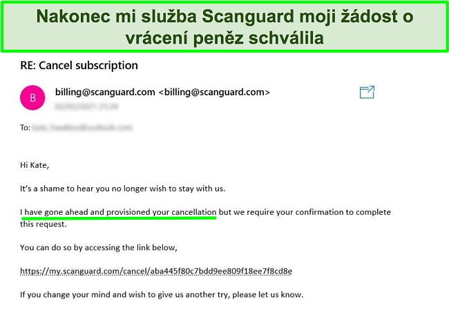 Snímek obrazovky uživatele žádajícího o vrácení peněz se zárukou vrácení peněz od týmu zákaznické podpory společnosti Scanguard